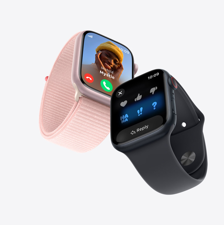 Two Apple Watch Series 9. The first has an incoming call. The second shows a text message conversation.