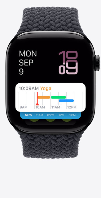 Vue de face de l’écran Défilement intelligent d’une Apple Watch Series 10 affichant un widget météo.