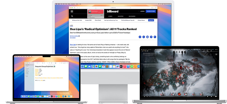 Più Mac che mostrano le nuove funzioni di macOS Sequoia