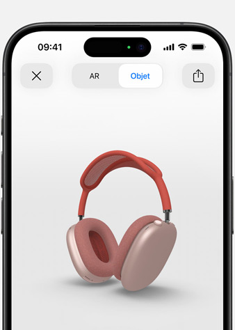 Image des AirPods Max rose en réalité augmentée sur iPhone.