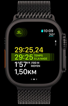 Apple Watch Ultra 2 showing the swim duration, pace, and distance as part of the Multisport feature.