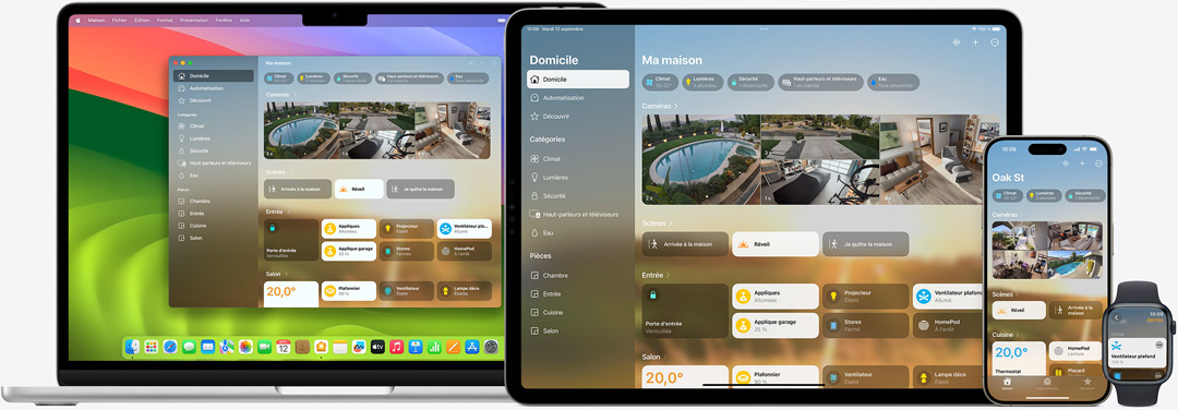 L’interface utilisateur de l’app Maison affichée sur Mac, iPad, iPhone et Apple Watch.