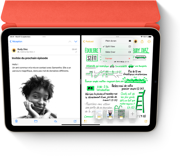 Split View of Mail message and handwritten note in Notes app on iPad with Smart Folio and Apple Pencil