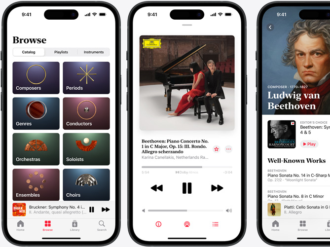 iPhone on left showing Apple Music Classical Browse tab with the Catalog tab selected with Composers, Periods, Genres, Conductors, Orchestras, Soloists, Ensembles, and Choirs categories; iPhone in middle showing Beethoven's Piano Concerto No. 1 in C Major, Op. 15: III. Rondo. Allegro scherzando playing in Dolby Atmos; iPhone on right showing Ludwig van Beethoven's Composer page
