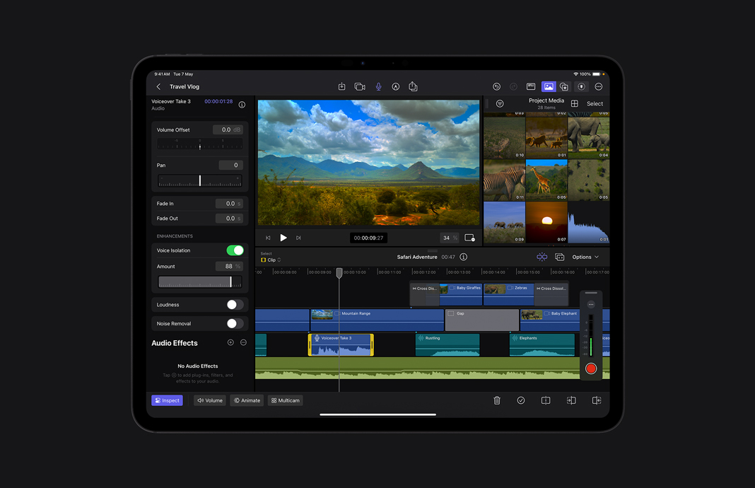 Adjusting audio to eliminate background noise in Final Cut Pro for iPad on iPad Pro.