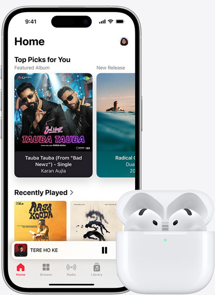 An image of iPhone 15 playing a track through Apple Music, sits next to a pair of AirPods.