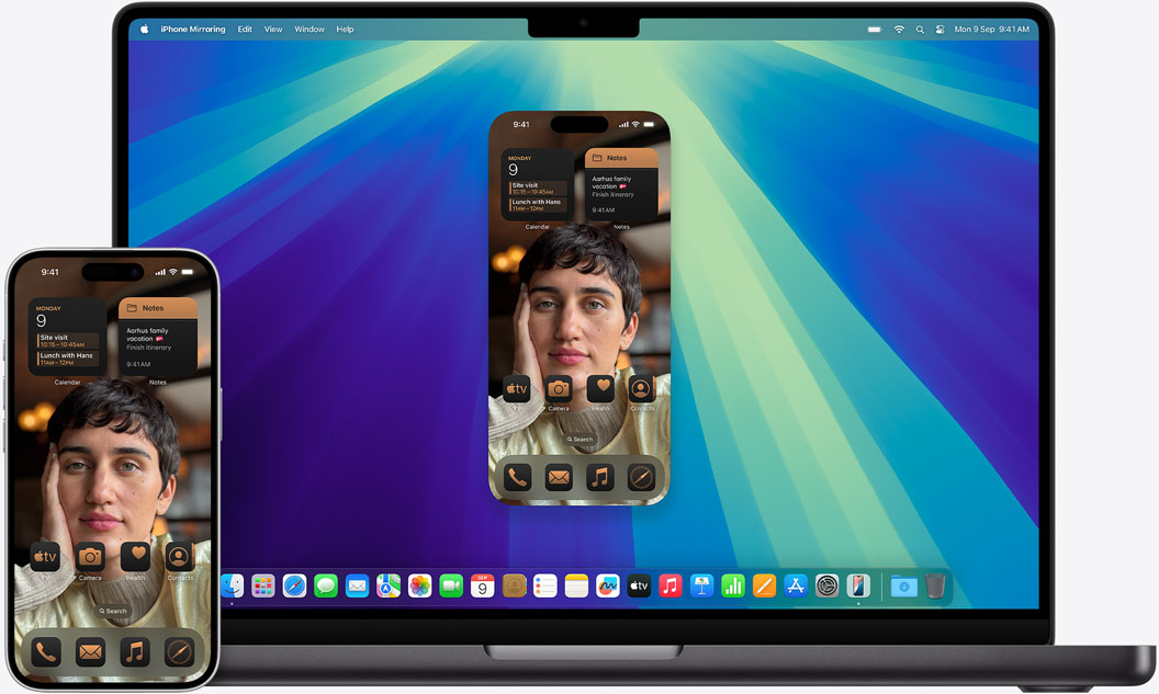 An iPhone and a MacBook display the same iMessage conversation.