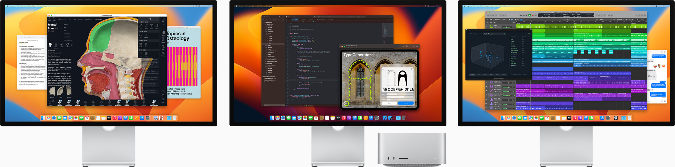 Mac Studio and three Studio Displays, all featuring different apps on screen