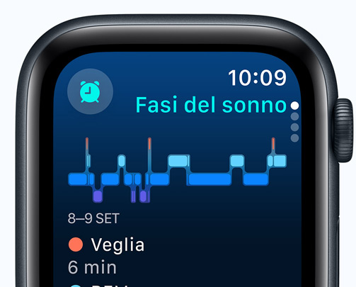 Una schermata dell’app Sonno con le fasi del sonno, i minuti di veglia e i minuti di sonno REM