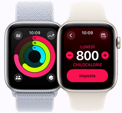 Due Apple Watch SE che mostrano rispettivamente i progressi degli anelli Attività e l’impostazione dell’obiettivo di calorie