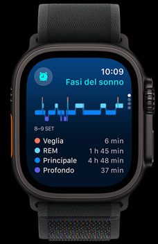 Una schermata dell’app Sonno che mostra la durata delle fasi di sonno leggero, REM e profondo.