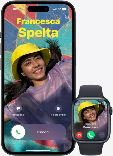 La stessa chiamata in arrivo su un iPhone 15 e su un Apple Watch