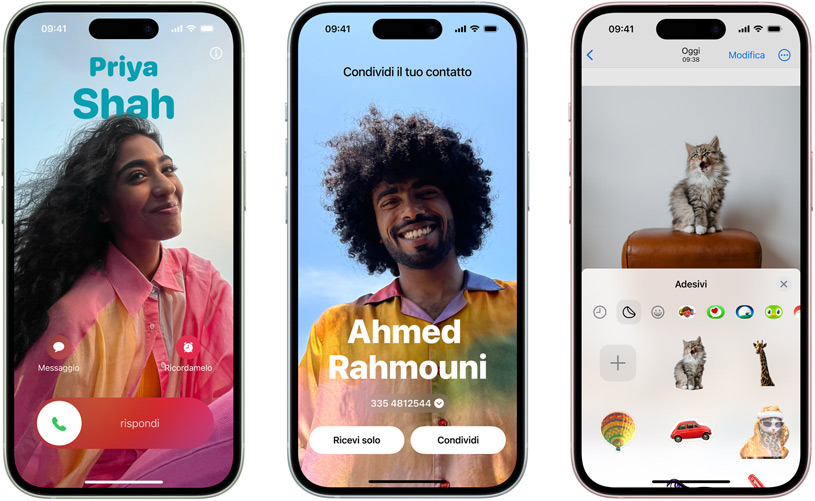 Un iPhone 15 che mostra tre nuove funzioni di iOS 17