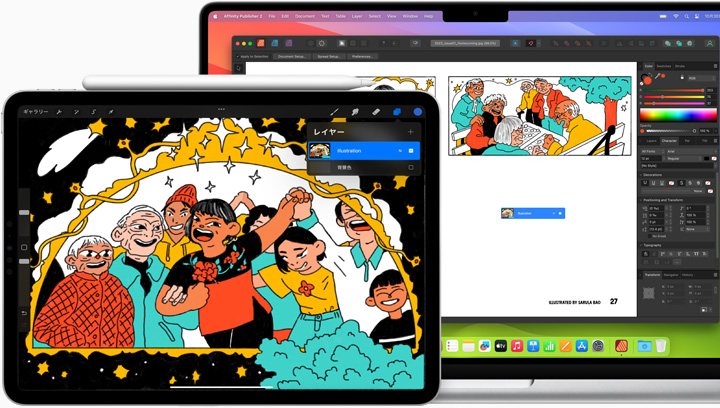 ユーザーがiPadとMacBook Proを使ってイラストを作成している様子が示されている