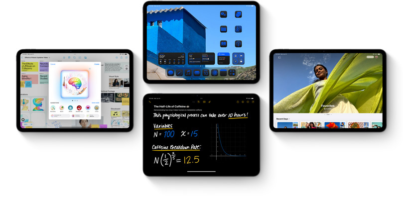 iPad 여러 대에 새로운 iPadOS 18 기능들이 표시되어 있는 모습