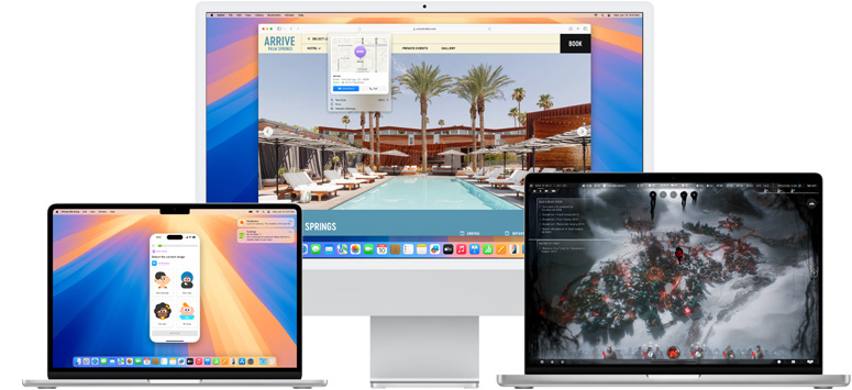 Mac 여러 대에 새로운 macOS Sequoia 기능들이 표시되어 있는 모습