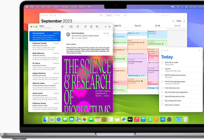 Se muestran Mail, Calendario y Recordatorios en una MacBook Air