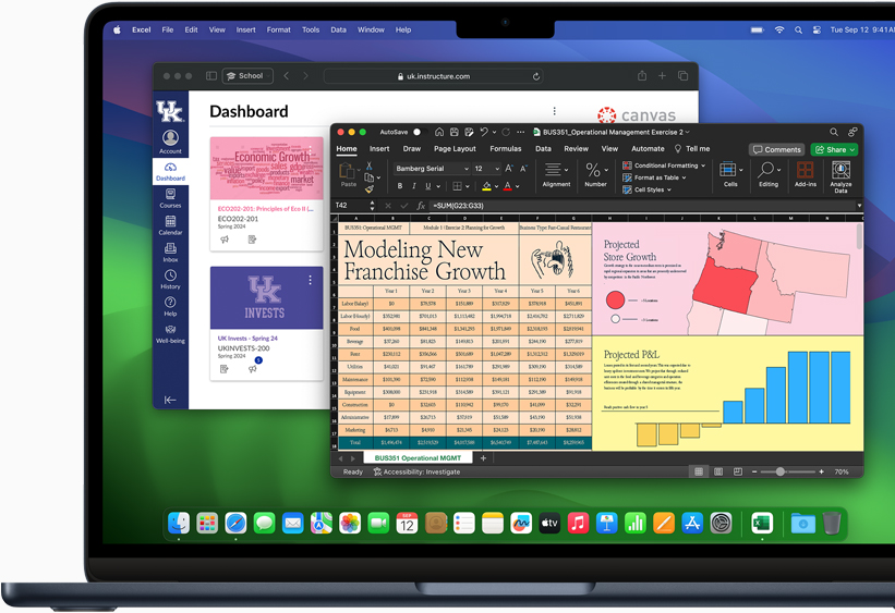 Se muestran Microsoft Excel y Canvas LMS en una MacBook Air