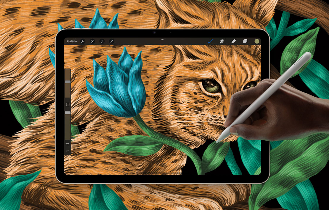 Un iPad Air muestra un dibujo hecho en Procreate que traspasa los límites del dispositivo y se extiende sobre el fondo.