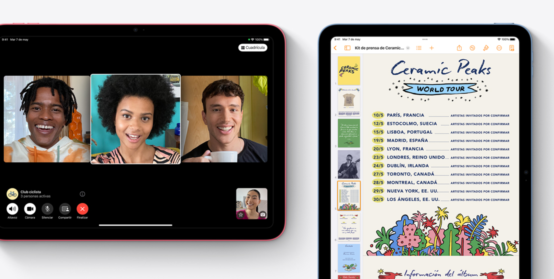 Dos dispositivos iPad: uno muestra una llamada de video de FaceTime y el otro, la app Pages.