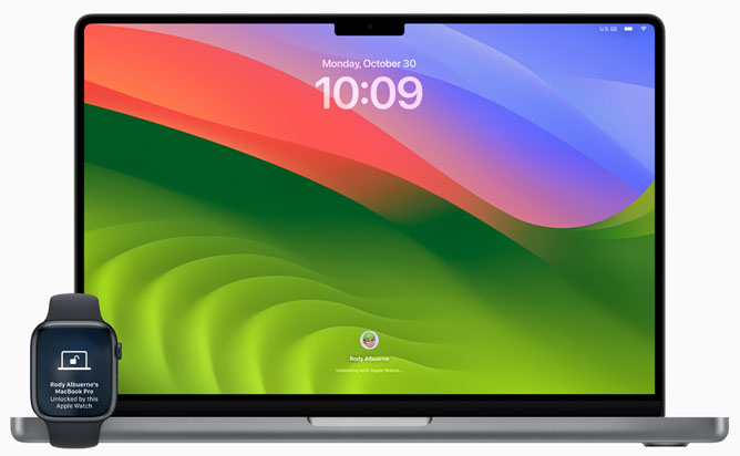 Vista frontal de una MacBook Pro que se está desbloqueando con un Apple Watch.