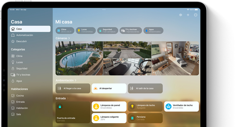 En la pantalla de un iPhone, se muestra la interfaz de 'Mi casa' en la app Casa