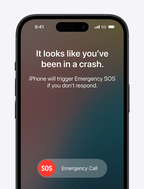 The Crash Detection screen saying "It looks like you've been in a crash. iPhone will trigger Emergency SOS if you don't respond"