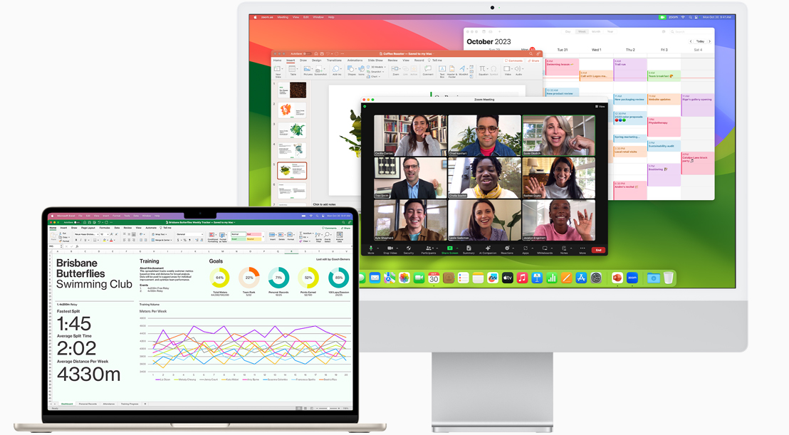 Front view of a MacBook Air showing Microsoft Excel and a front view of iMac showing Zoom, Calendar, and Microsoft Powerpoint.