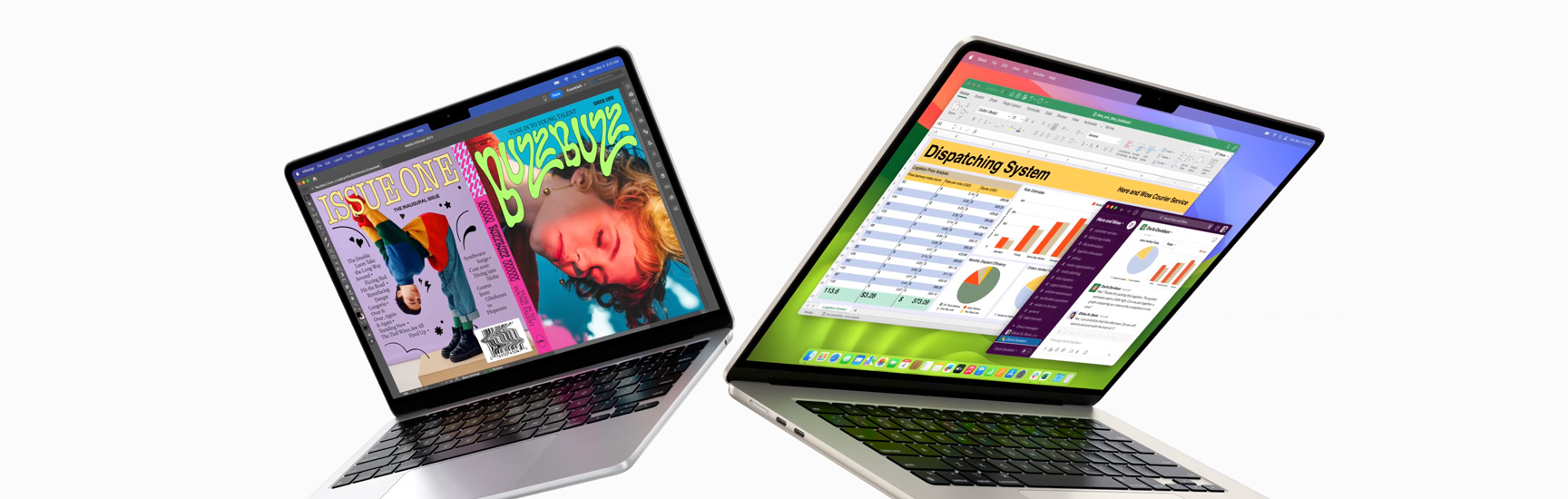 Partially open 13-inch MacBook Air on left and 15-inch MacBook Air on right. 13-inch screen shows colorful ‘zine cover created with In Design. 15-inch screen shows Microsoft Excel and Slack.