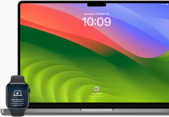 Pavaizduotas „Apple Watch“ naudotojas, kuris automatiškai prisijungia prie „MacBook Pro“, naudodamas automatinį atrakinimą