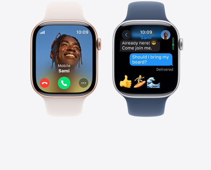 صورة أمامية لساعتَي Apple Watch Series 10 تعرضان مكالمة ورسالة نصية.