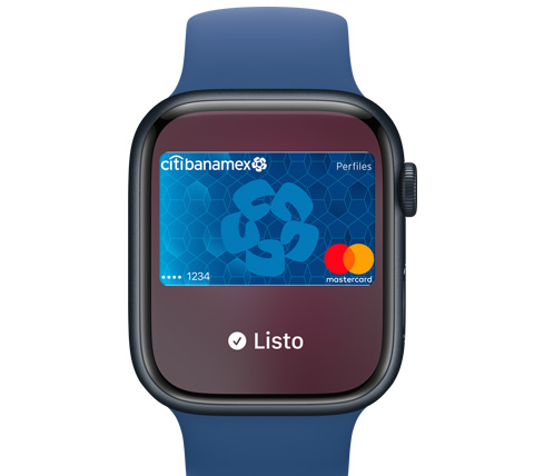 Vista frontal de un Apple Watch. Se realizó un pago con Apple Pay.