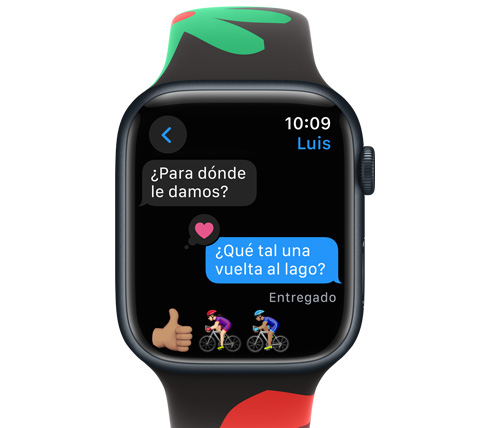 Vista frontal de un Apple Watch con un mensaje de texto.