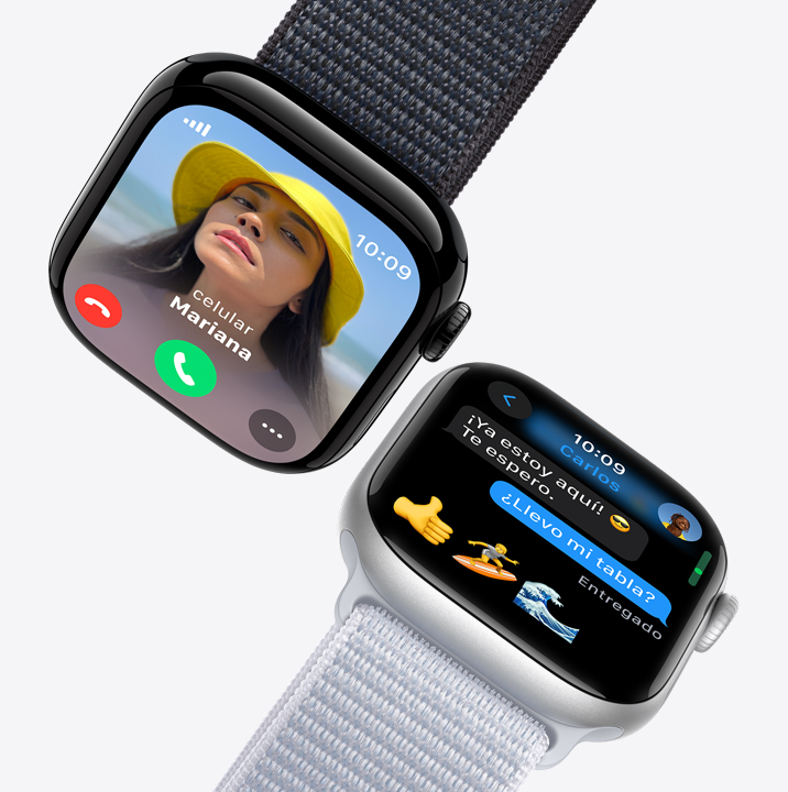 Dos Apple Watch Series 9. El primero con una llamada entrante. El segundo muestra una conversación por mensajes de texto.