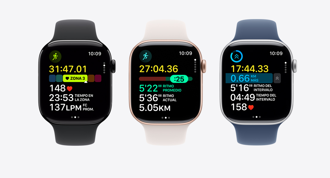 Tres Apple Watch Series 9. El primero muestra Zonas de Frecuencia Cardiaca en un entrenamiento, el segundo muestra la funcionalidad Ritmo y el tercero muestra un entrenamiento personalizado con intervalos.