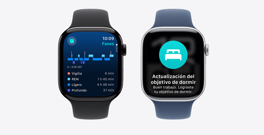 Dos Apple Watch Series 9. El primero muestra una notificación de que alguien alcanzó su objetivo de sueño. El segundo muestra los datos de Fases del Sueño.