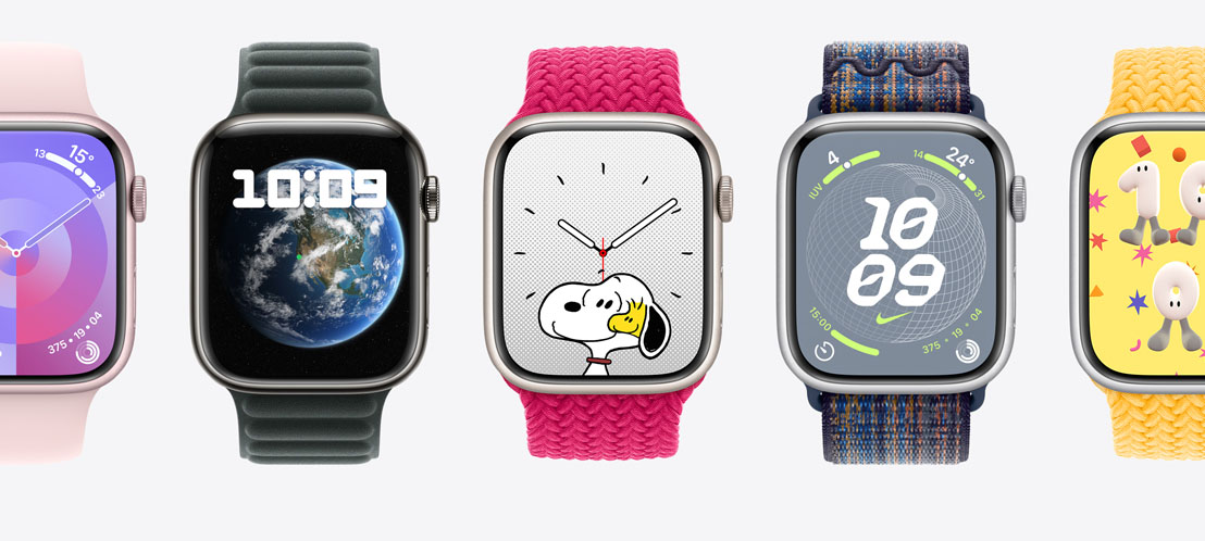 Cinco Apple Watch Series 9 con diferentes carátulas. Una carátula Paleta, una carátula Modular, una carátula Snoopy, una carátula Globo de Nike y una carátula A Jugar.