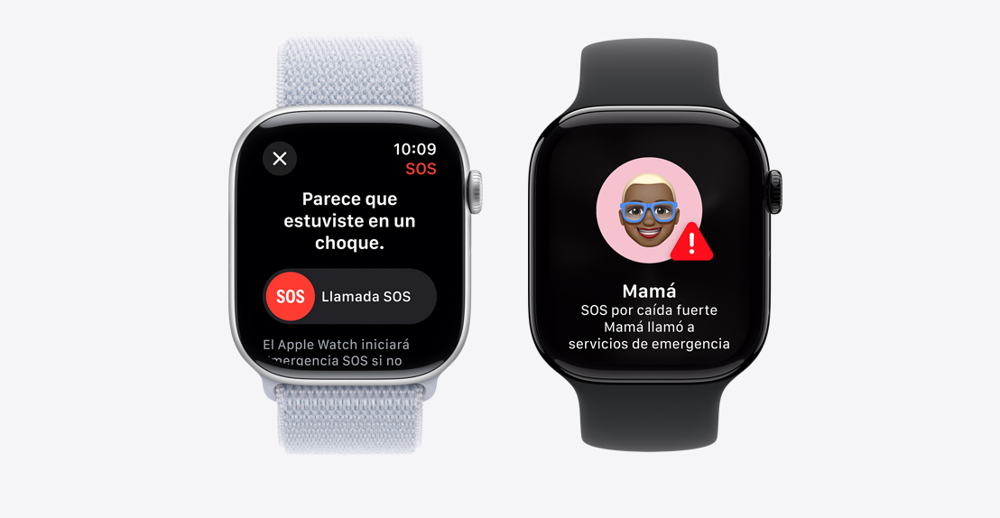 Dos Apple Watch Series 9. El primero muestra que se detectó una caída y se está llamando a los servicios de emergencia. El segundo muestra que "Mamá" sufrió una caída fuerte y que se llamó a los servicios de emergencia.