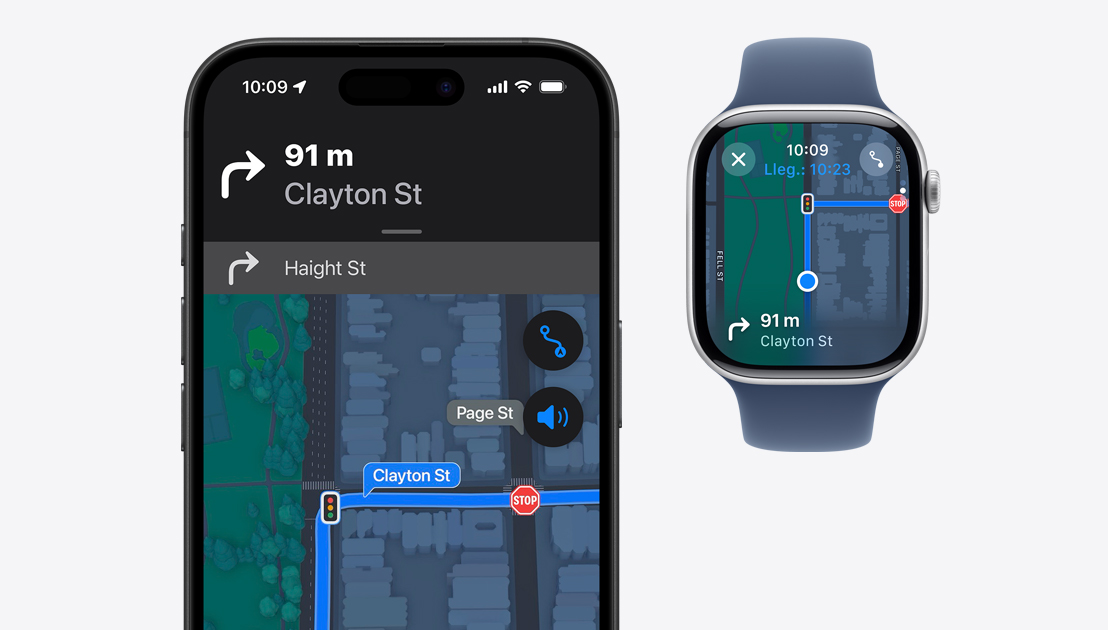 Se muestran indicaciones detalladas en un iPhone 15 Pro y en un Apple Watch Series 9.