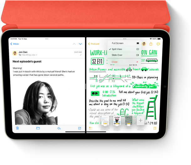 Split View of Mail message and handwritten note in Notes app on iPad with Smart Folio and Apple Pencil