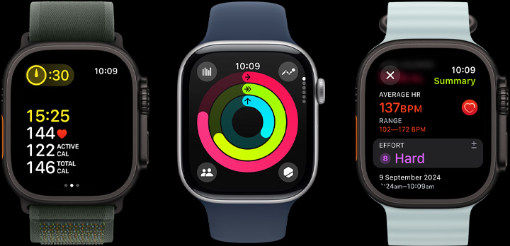 Three Apple Watches with workout metrics, Activity rings and post-workout insights on screen