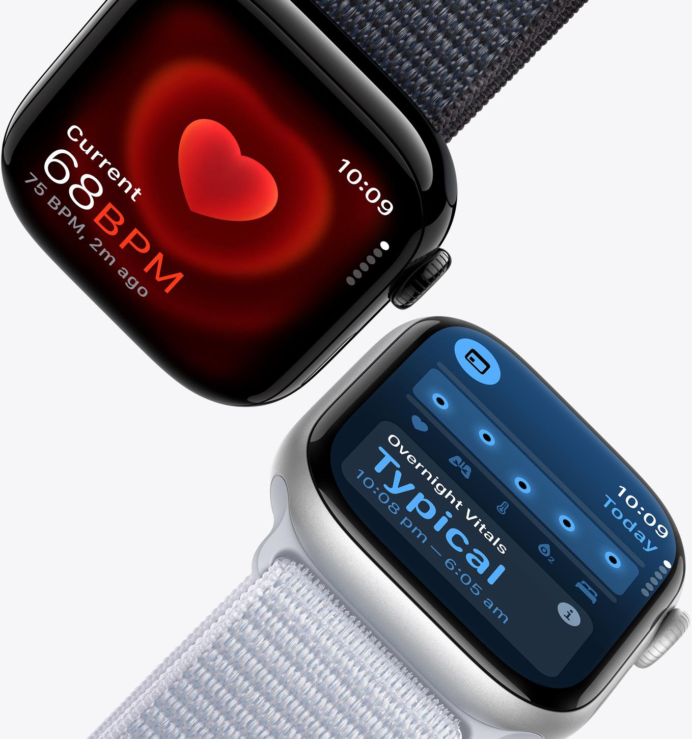 The Heart Rate app showing a current reading of 68 BPM on an Apple Watch Series 10, and the Vitals app showing typical overnight vitals on an Apple Watch Series 10.