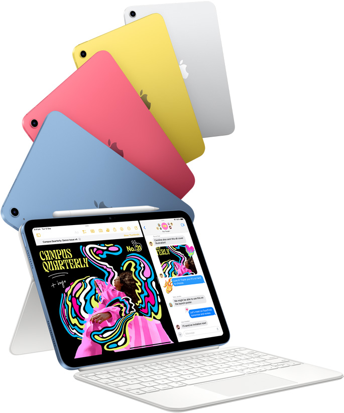 iPad in Blue, Pink, Yellow and Silver colours, and one iPad attached to the Magic Keyboard Folio.