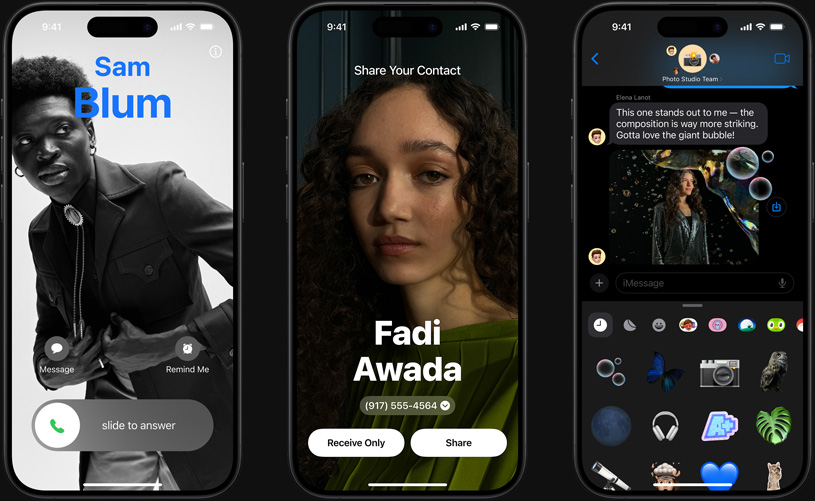 Ekrany z systemu iOS 17 przedstawiające funkcje plakat kontaktu, NameDrop i Live Stickers
