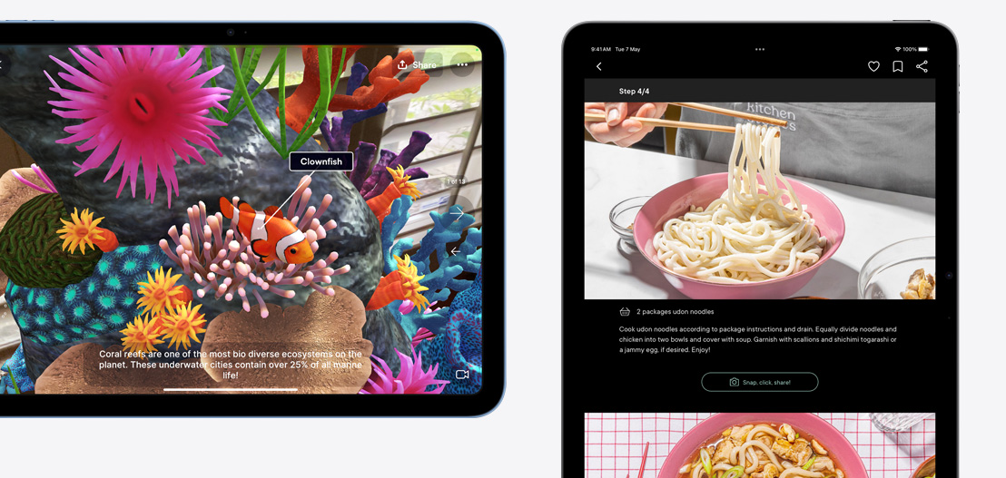 An iPad and iPad Air showcasing the Jigspace and Kitchen Stories apps.