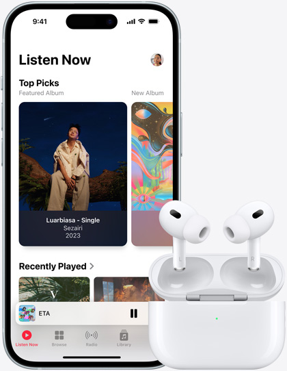 iPhone 15 playing music next to airpods