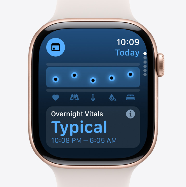 A Vitals app screen on Apple Watch Series 10 showing that the data collected overnight was typical.