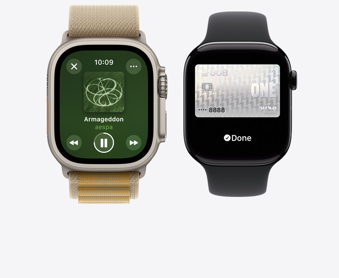 Front view of an Apple Watch Ultra 2 and Apple Watch Series 10 showing music playing.