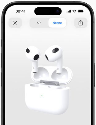 Ekranda 3. nesil AirPods’un iPhone’da artırılmış gerçeklik teknolojisiyle görüntülenmesi gösteriliyor.