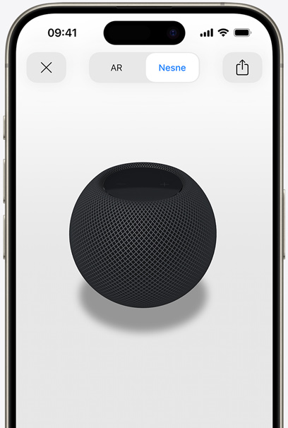 AR görünümünde, bir iPhone’un ekranında Uzay Grisi renginde HomePod.